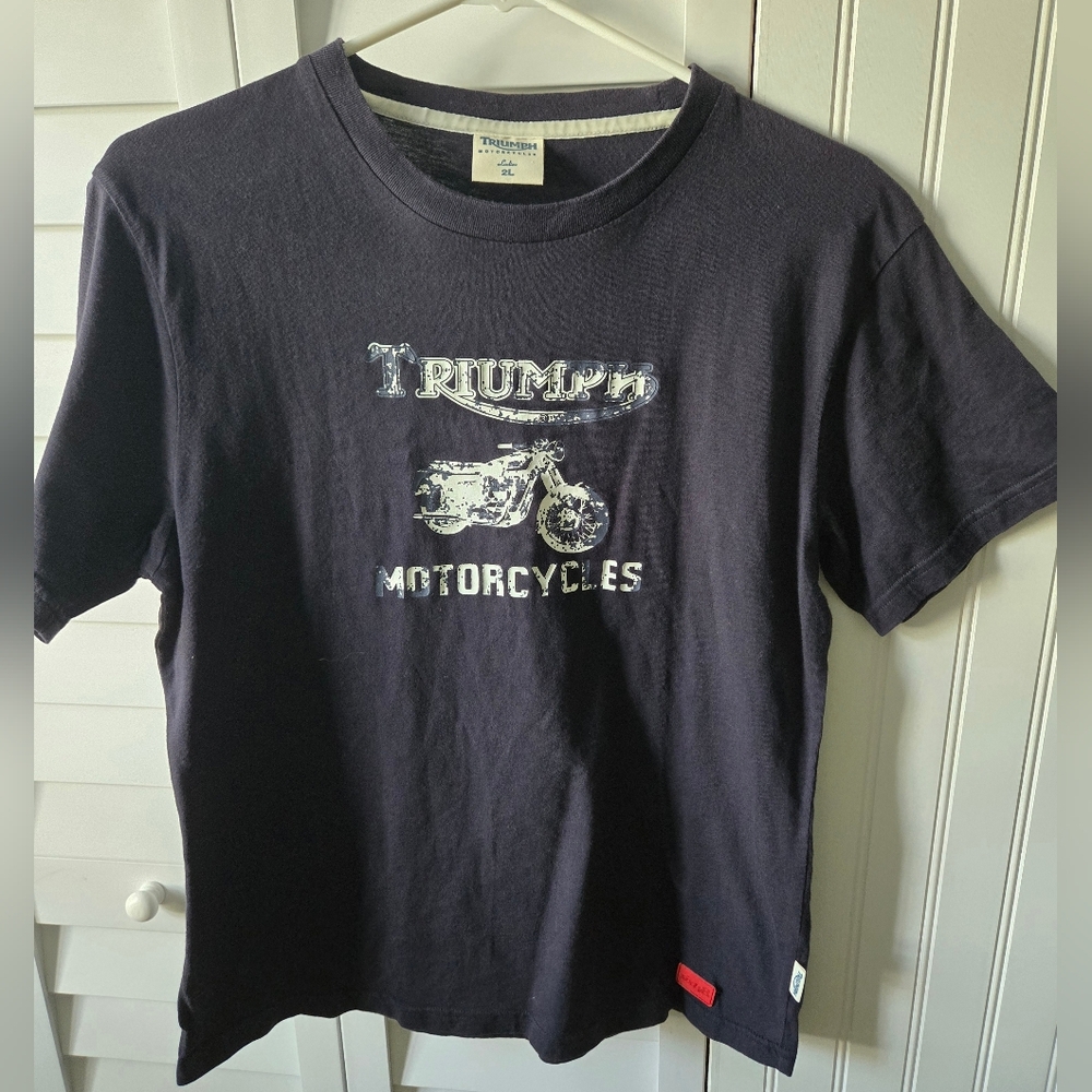 Triumph Steve Mcqueen Navy Blue Short Sleeve Tee with Motorcycle Womens Size XL